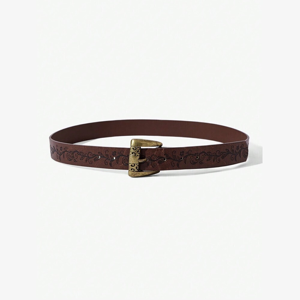 Brown Floral Print Vegan Leather Belt with Antique Gold Buckle - Picture 1 of 4